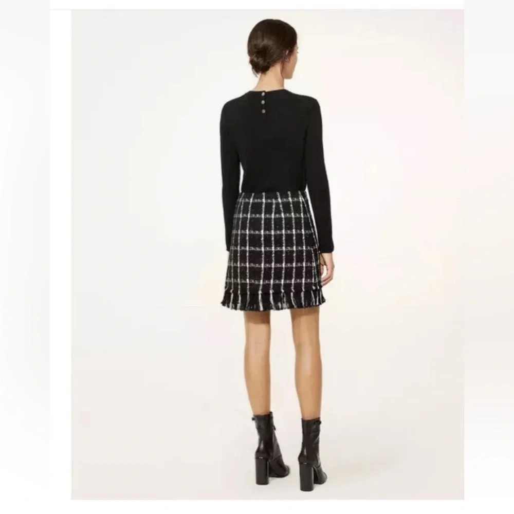Tory Burch Marisol Mini Tweed Skirt Black Stitch Plaid Fringe 8 checkered